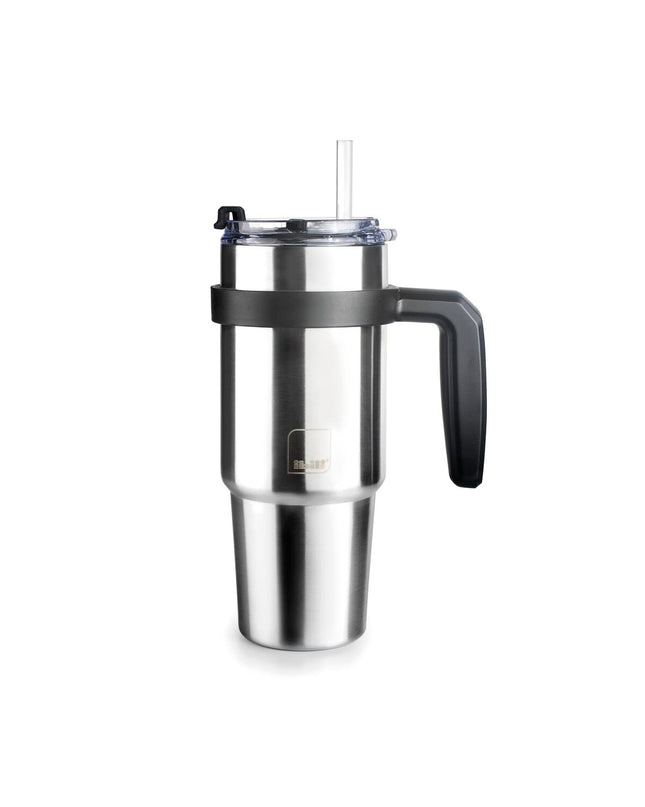 Gray stainless steel Ibili thermal mug with lid, 580 ml, suitable for outdoor activities like camping and hiking.