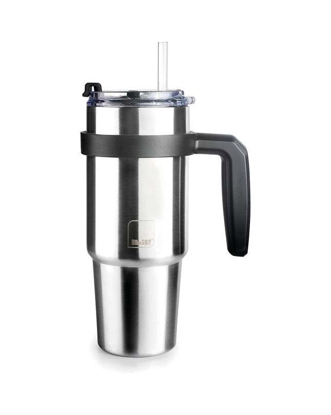 Ibili thermal mug with lid in gray stainless steel, 580 ml, ideal for outdoor, camping, and hiking activities.