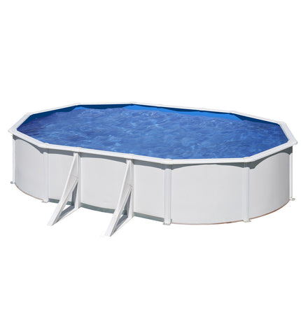 Gre Verwijderbaar Gre Fidji KIT500ECO oval-shaped swimming pool in garden, with dimensions 500 x 300 x 120 cm, featuring removable components.