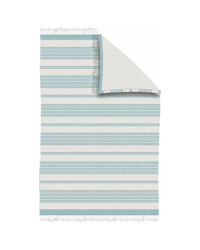 Secaneta beach towel, 100 x 150 cm, soft fabric with striped pattern, ideal for bath and home use, shown folded on a wooden surface.