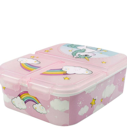 Stor Unicorn Rainbow lunchbox with cutlery compartment, perfect for outdoor camping and hiking, dimensions 6.7 x 16.5 x 19.5 cm.