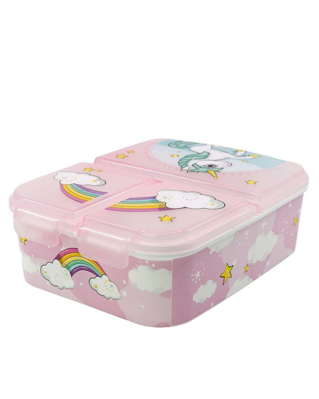 Stor Unicorn Rainbow lunchbox with cutlery compartment, perfect for outdoor camping and hiking, dimensions 6.7 x 16.5 x 19.5 cm.