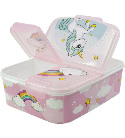 Stor Unicorn Rainbow lunchbox with cutlery compartment, 6.7 x 16.5 x 19.5 cm, ideal for outdoor and camping activities.