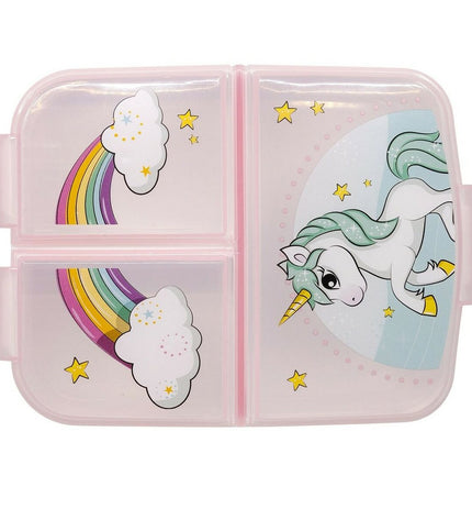 Stor unicorn rainbow lunchbox with cutlery compartment, ideal for outdoor activities and camping, measures 6.7 x 16.5 x 19.5 cm.
