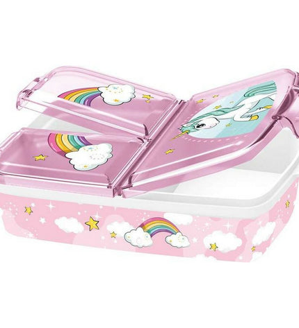 Stor Unicorn Rainbow lunchbox with cutlery compartment, compact size for outdoor, camping, and hiking use.
