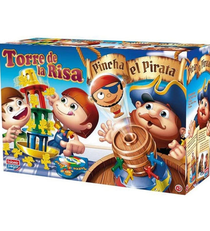 Falomir Torre de la Risa board game with colorful game pieces and box, designed for family fun and laughter.