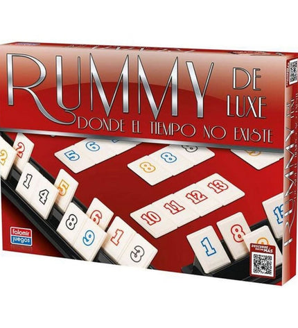Falomir Rummy Deluxe board game with colorful cards and game pieces, designed for family card game play.