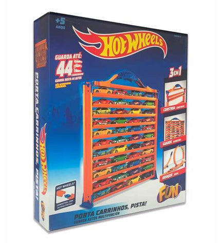 Hot Wheels parking garage with vehicles, toy autotransporter, 30x27x6 cm, detailed playset for kids.
