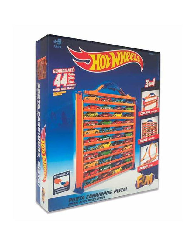 Hot Wheels parking garage with vehicles, toy autotransporter, 30x27x6 cm, detailed playset for kids.