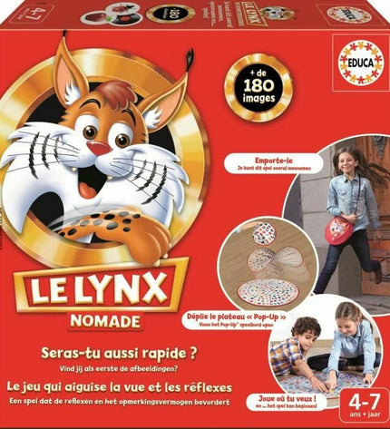Educa The Nomad Lynx board game with colorful artwork, featuring game pieces and a game board, designed for family fun.