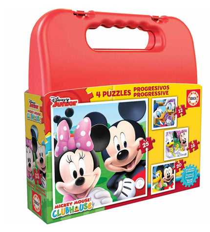 Set of four Disney Mickey Mouse puzzles by Educa, featuring 12, 16, 20, and 25 piece images for kids' entertainment.