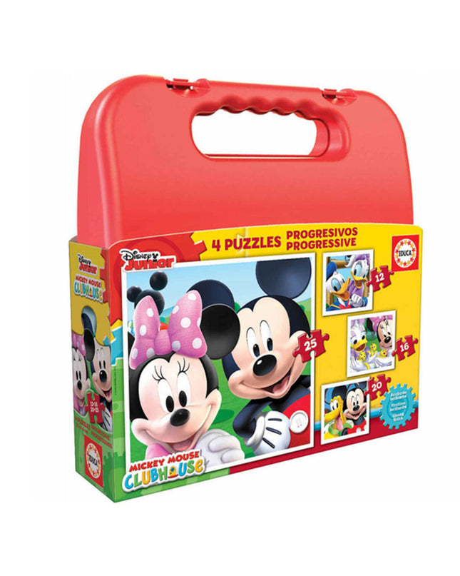 Set of four Disney Mickey Mouse puzzles by Educa, featuring 12, 16, 20, and 25 piece images for kids' entertainment.