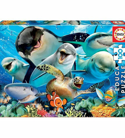 Educa Selfie Under the Sea puzzle with 100 pieces, featuring colorful ocean-themed images for kids' brain-teaser fun.
