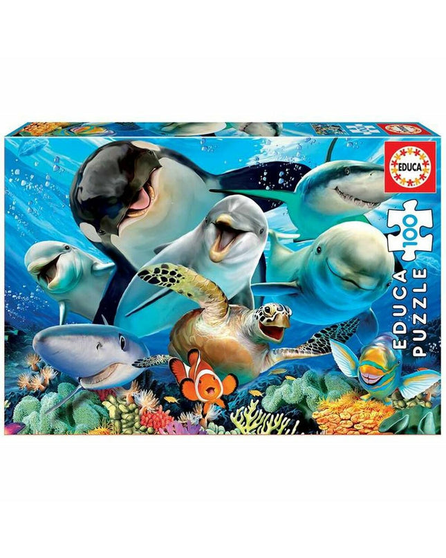 Educa Selfie Under the Sea puzzle with 100 pieces, featuring colorful ocean-themed images for kids' brain-teaser fun.
