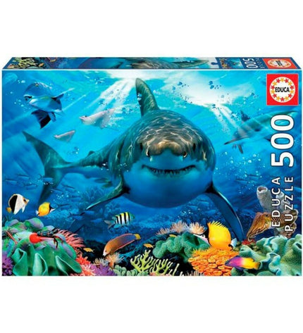 Educa white shark puzzle with 500 pieces, featuring a detailed image of a white shark for educational and brain-teasing fun.