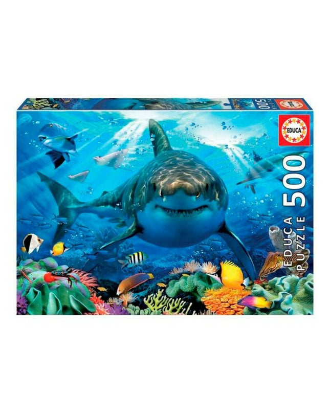 Educa white shark puzzle with 500 pieces, featuring a detailed image of a white shark for educational and brain-teasing fun.