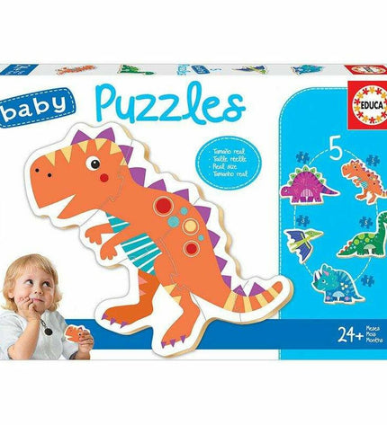 Educa dinosaur puzzle with 5 pieces, colorful toy for children, featuring images of various dinosaurs on the puzzle pieces.