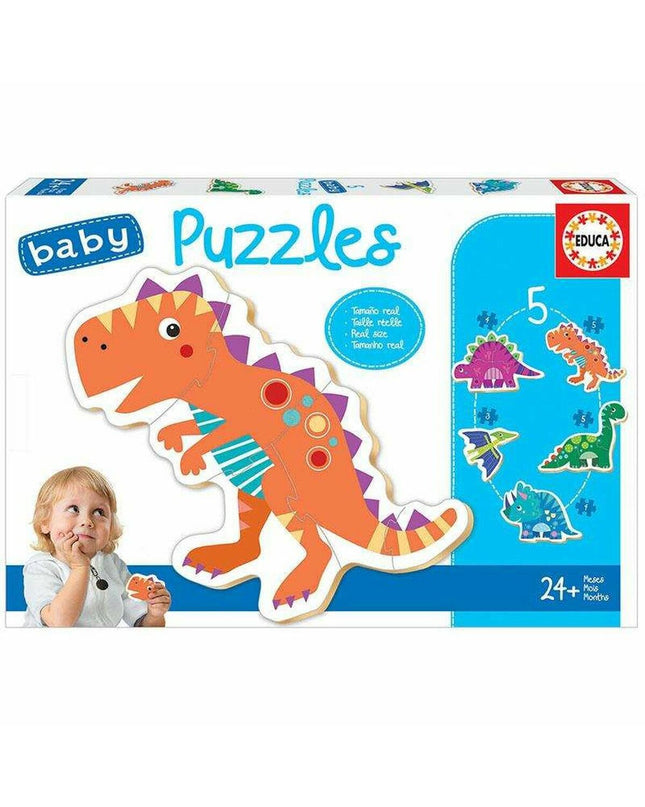 Educa dinosaur puzzle with 5 pieces, colorful toy for children, featuring images of various dinosaurs on the puzzle pieces.