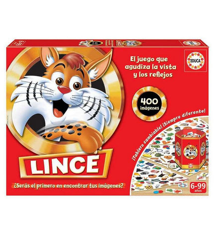 Educa Lince game components including cards, tokens, and game pieces for the educational board game.