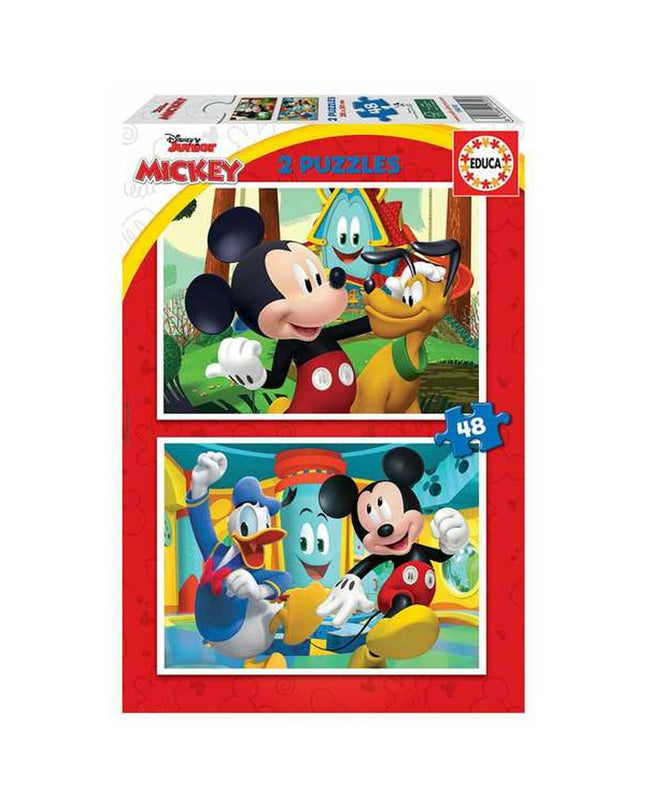 Educa Mickey Mouse Fun House puzzle with 2 x 48 pieces, featuring colorful Disney-themed images and playful design.