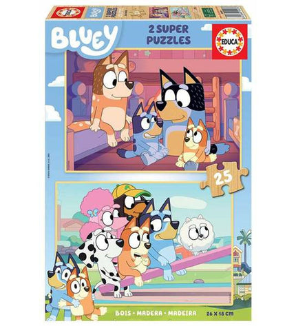 Set van 2 Bluey puzzels met 25 onderdelen, kleurrijk speelgoed en hersenkrakers voor kinderen, met Bluey cartoon figuren.