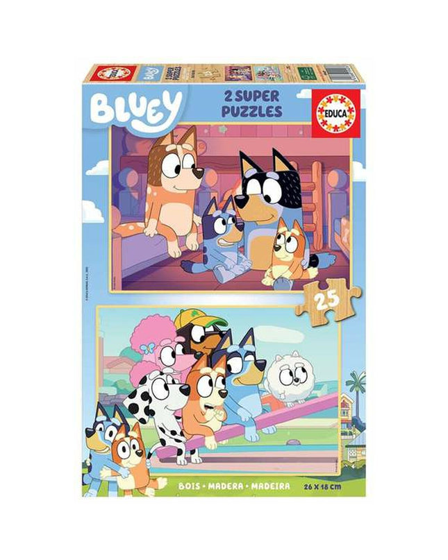Set van 2 Bluey puzzels met 25 onderdelen, kleurrijk speelgoed en hersenkrakers voor kinderen, met Bluey cartoon figuren.
