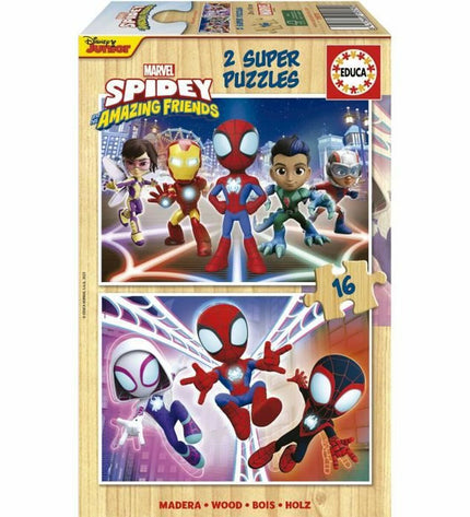 Set of two Educa puzzle games with 16 pieces each, featuring colorful images and engaging designs for children.