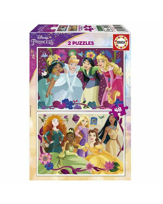 Educa Disney Princess puzzle with 2 x 48 pieces, featuring colorful princess characters, ideal for children’s puzzle games.