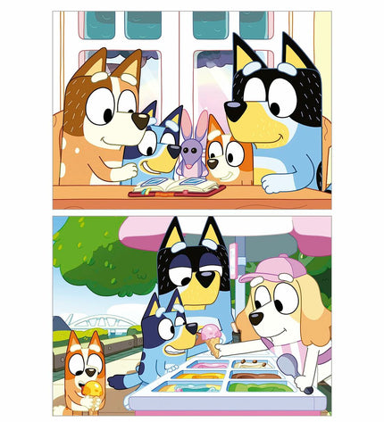 Set van 2 Educa Bluey puzzels met 48 onderdelen, speelgoed en hersenkrakers voor kinderen, afbeelding van de puzzel stukjes.