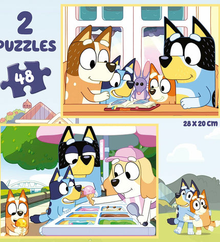 Set of two Educa Bluey puzzles with 48 pieces each, featuring colorful cartoon characters, perfect for kids’ educational play.