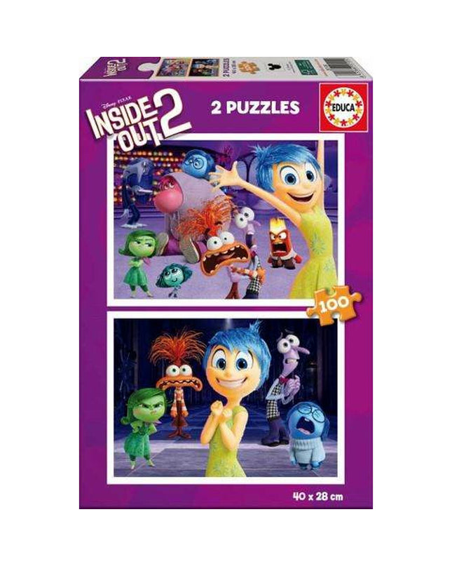 Educa Inside Out 2 puzzle with 2 x 100 pieces, colorful brain-teaser toy featuring vibrant image and puzzle pieces.