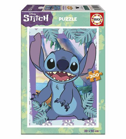 Educa Stitch puzzle with 300 pieces, colorful cartoon character toy for children, detailed image showing puzzle parts and vibrant design.