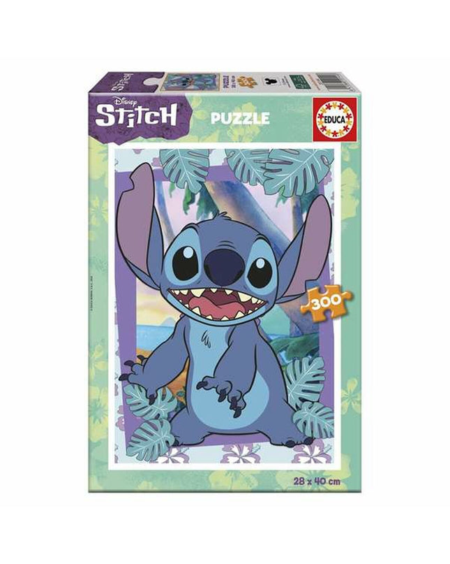 Educa Stitch puzzle with 300 pieces, colorful cartoon character toy for children, detailed image showing puzzle parts and vibrant design.