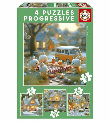 Set of Educa rabbit puzzles with 12, 16, 20, and 25 pieces, featuring colorful puzzle pieces for children’s educational play.
