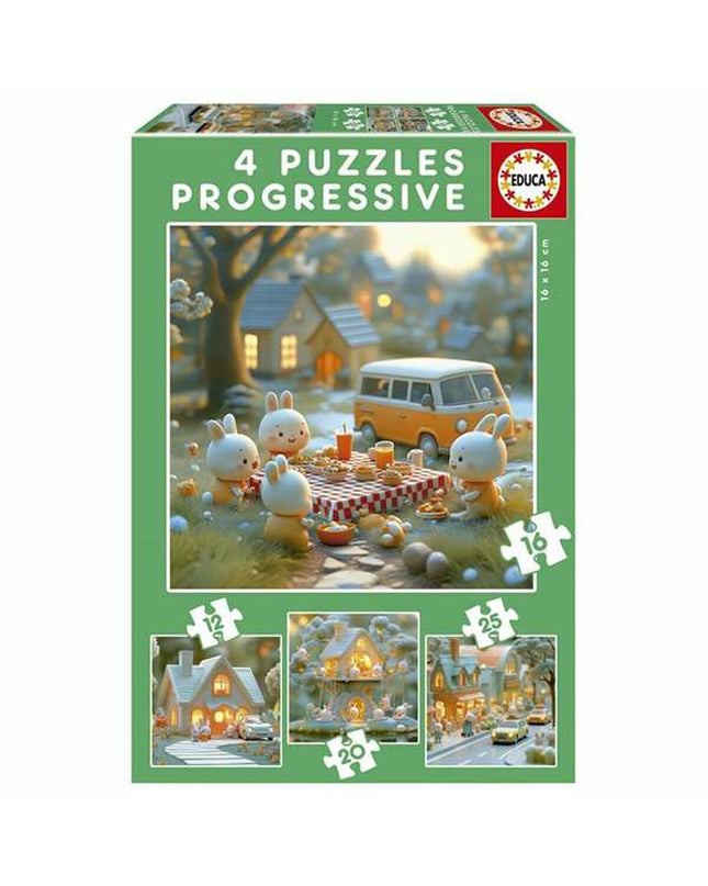 Set of Educa rabbit puzzles with 12, 16, 20, and 25 pieces, featuring colorful puzzle pieces for children’s educational play.