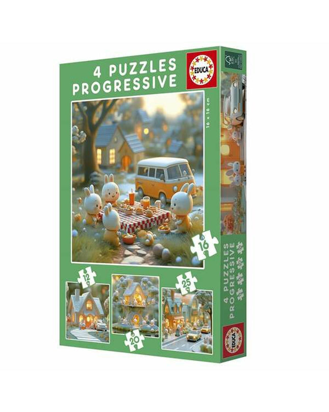 Set of Educa rabbit puzzles with 12, 16, 20, and 25 pieces, featuring colorful rabbit images for children’s educational play.