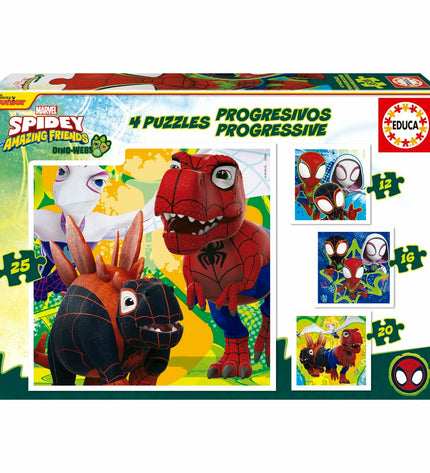 Set of four Educa dinosaur puzzles with 12, 16, 20, and 25 pieces, featuring colorful dinosaur and Spidey images for children.