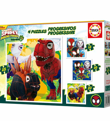 Set of four Educa dinosaur-themed puzzle toys with 12, 16, 20, and 25 pieces, featuring colorful dinosaur and Spidey images.