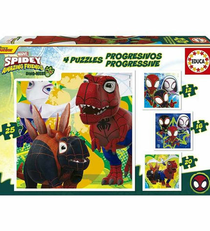 Set of four Educa dinosaur-themed puzzles with 12, 16, 20, and 25 pieces, featuring colorful dinosaur illustrations.
