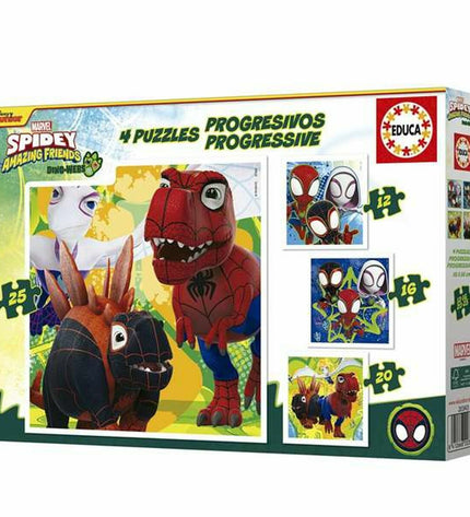 Set of four Educa dinosaur puzzle toys with 12, 16, 20, and 25 pieces, featuring colorful dinosaur images for children.