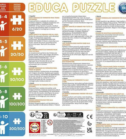 Set of four Educa dinosaur-themed puzzles with 12, 16, 20, and 25 pieces, featuring colorful dinosaur images for children.