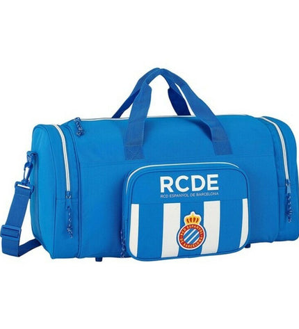 Blue and white RCD Espanyol sports bag with handles, measuring 55x26x27 cm, designed for outdoor and sports activities.
