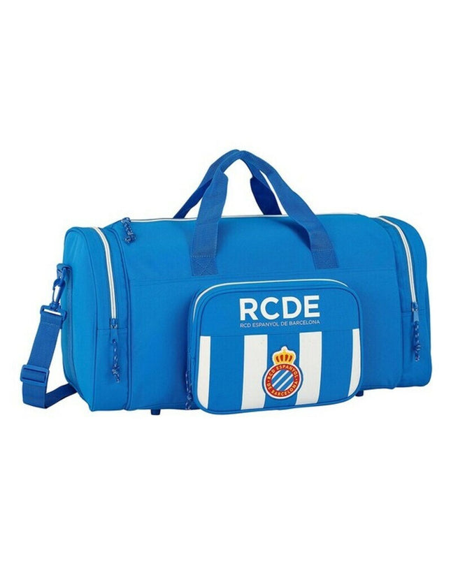 Blue and white RCD Espanyol sports bag with handles, measuring 55x26x27 cm, designed for outdoor and sports activities.
