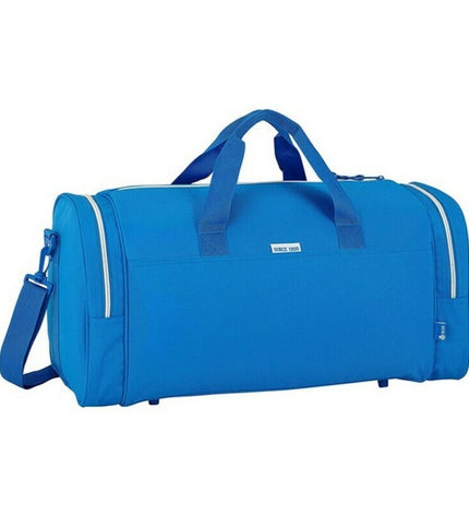 Blue and white RCD Espanyol sports bag with handles and zipper, measuring 55x26x27 cm, ideal for outdoor and sport activities.