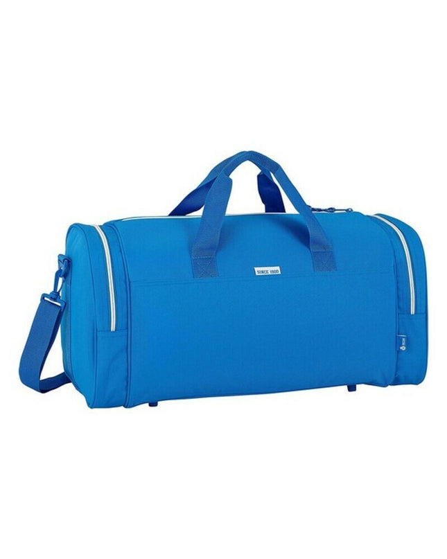 Blue and white RCD Espanyol sports bag with handles and zipper, measuring 55x26x27 cm, ideal for outdoor and sport activities.