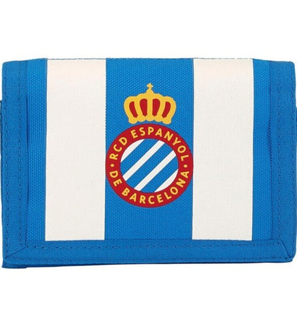 Blue and white RCD Espanyol wallet with cardholder and compartments, made of durable material, designed for organized cash and cards.