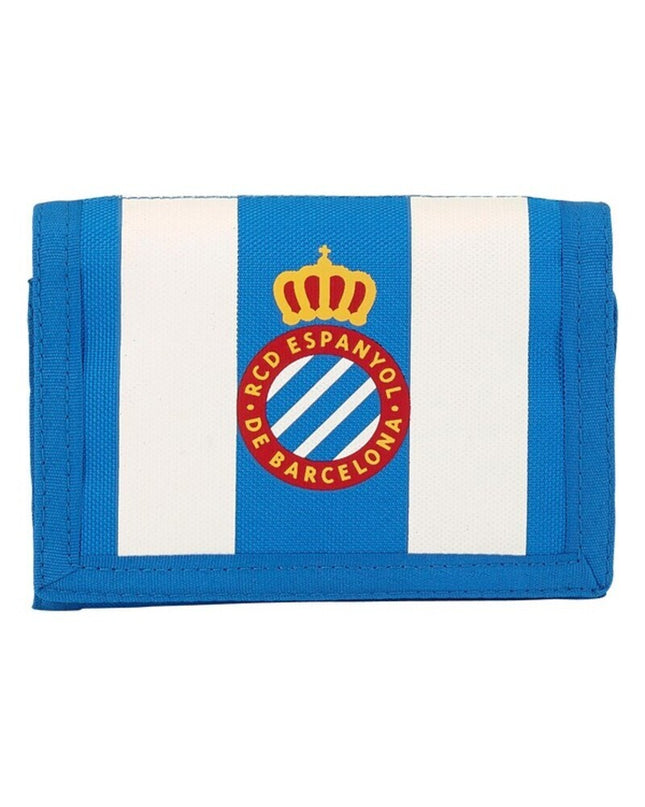 Blue and white RCD Espanyol wallet with cardholder and compartments, made of durable material, designed for organized cash and cards.