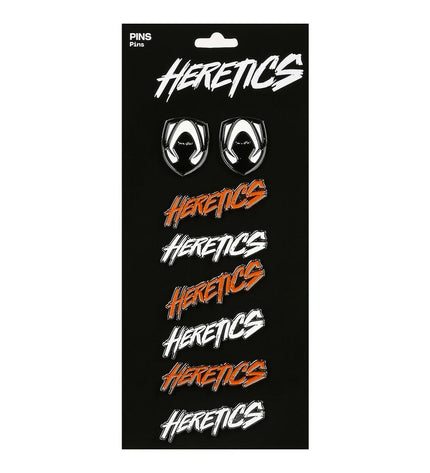 Set of 8 Team Heretics metal pins featuring sports and outdoor fan designs, ideal for fans of Team Heretics.