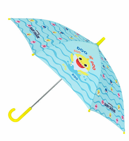 Baby Shark yellow and blue beach umbrella, 86 cm diameter, featuring playful shark design, ideal for sunny beach days.