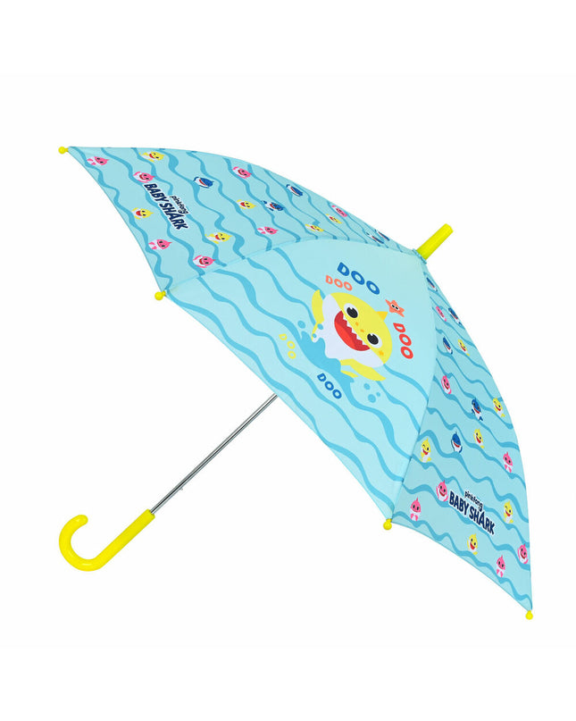 Baby Shark yellow and blue beach umbrella, 86 cm diameter, featuring playful shark design, ideal for sunny beach days.